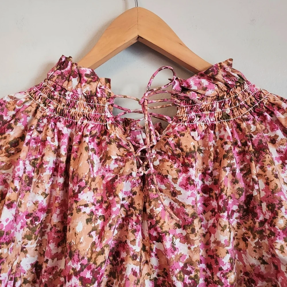 J. Crew Medium Smocked Floral Short Puff Sleeve Pink Floral Blouse Tie Back